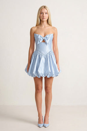 Sky Blue Bowknot Sweetheart Bubble Hem A-Line Satin Homecoming Dress - KISSPROM