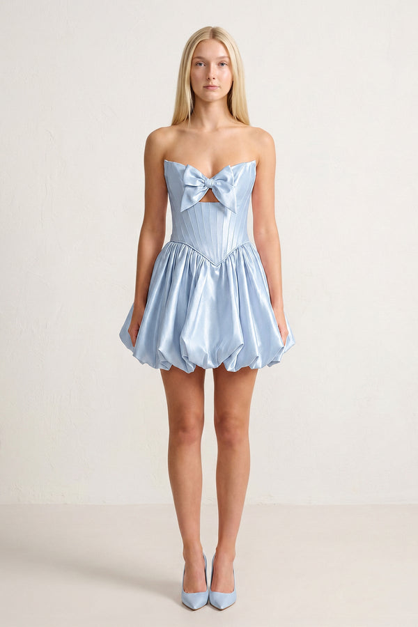 Sky Blue Bowknot Sweetheart Bubble Hem A-Line Satin Homecoming Dress - KISSPROM