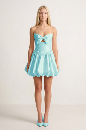 Aqua Bowknot Sweetheart Bubble Hem A-Line Satin Homecoming Dress - KISSPROM
