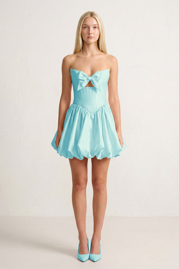 Aqua Bowknot Sweetheart Bubble Hem A-Line Satin Homecoming Dress - KISSPROM