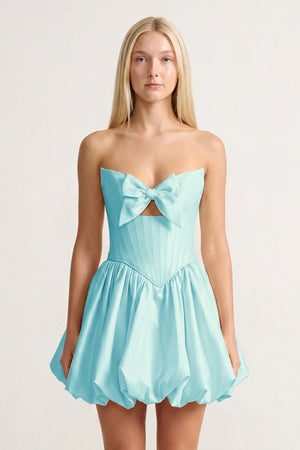 Aqua Bowknot Sweetheart Bubble Hem A-Line Satin Homecoming Dress - KISSPROM