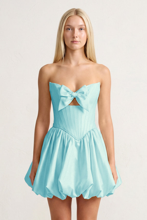 Aqua Bowknot Sweetheart Bubble Hem A-Line Satin Homecoming Dress - KISSPROM