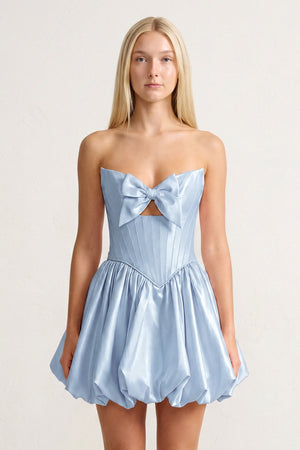 Sky Blue Bowknot Sweetheart Bubble Hem A-Line Satin Homecoming Dress - KISSPROM