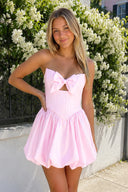 Pink Bowknot Sweetheart Bubble Hem A-Line Satin Homecoming Dress | KISSPROM