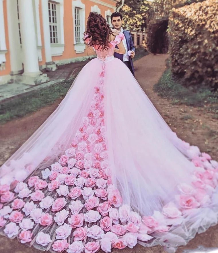 Pink Cathedral Train 3D Flowers Applique Wedding Gown Quinceanera Dresses