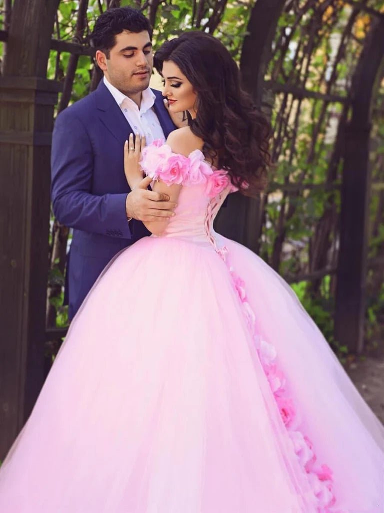 Pink Cathedral Train 3D Flowers Applique Wedding Gown Quinceanera Dresses