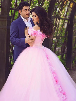 Pink Cathedral Train 3D Flowers Applique Wedding Gown Quinceanera Dresses, Pink / 4, image size:768x1024