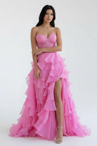 KissProm-Alondra Pink Chiffon Sweetheart Ruffle Tiered Long Prom Dress