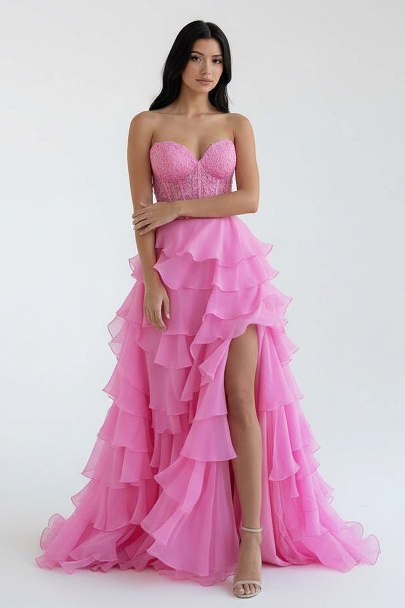 Strapless Pink Chiffon Ruffle Tiered Long Prom Dresses with Slit VK26021507 main image 0