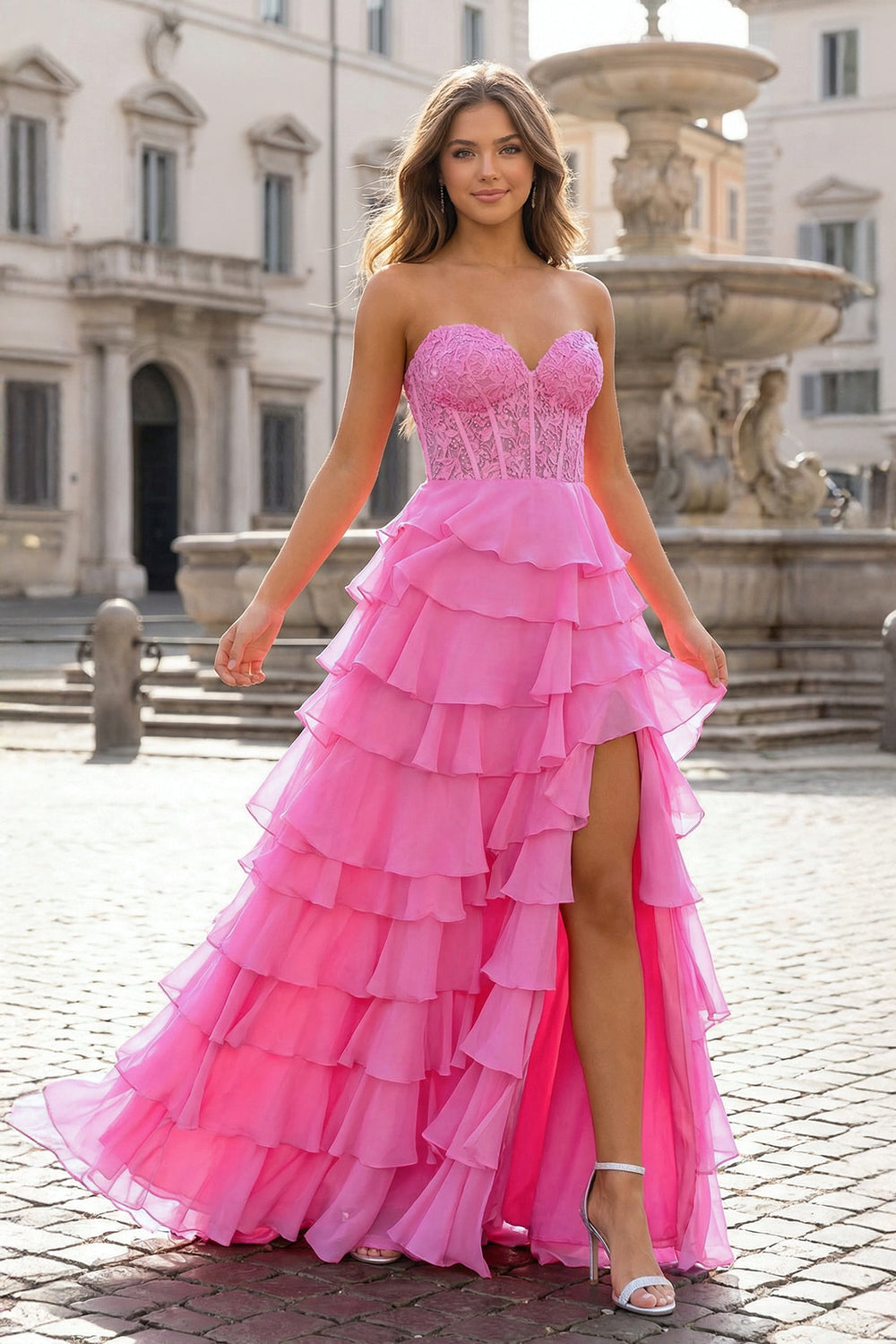 KissProm- Pink Chiffon Sweetheart Ruffle Tiered Long Prom Dress