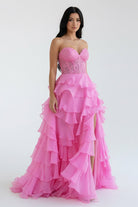 KissProm-Alondra Pink Chiffon Sweetheart Ruffle Tiered Long Prom Dress