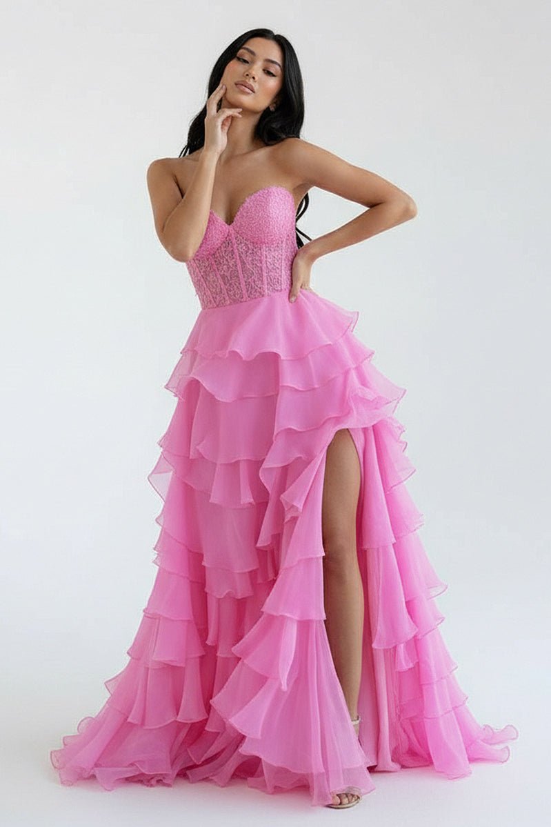 KissProm-Alondra Pink Chiffon Sweetheart Ruffle Tiered Long Prom Dress