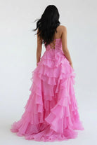 KissProm-Alondra Pink Chiffon Sweetheart Ruffle Tiered Long Prom Dress