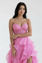 KissProm-Alondra Pink Chiffon Sweetheart Ruffle Tiered Long Prom Dress