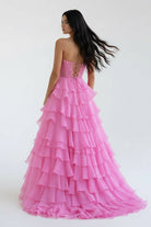 KissProm-Alondra Pink Chiffon Sweetheart Ruffle Tiered Long Prom Dress