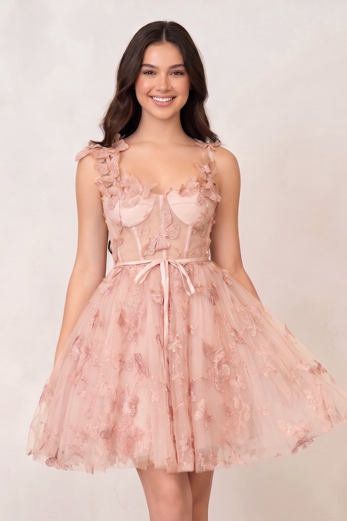 KissProm Aline Short Tulle Prom Dress with 3D Butterflies, Pink / 8