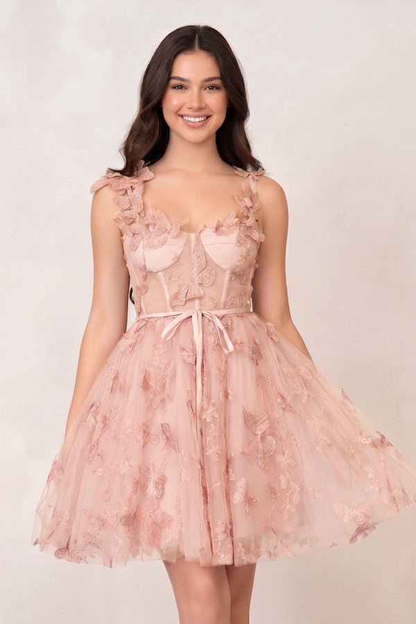 Pink Aline Short Tulle Prom Dress with 3D Butterflies - KISSPROM