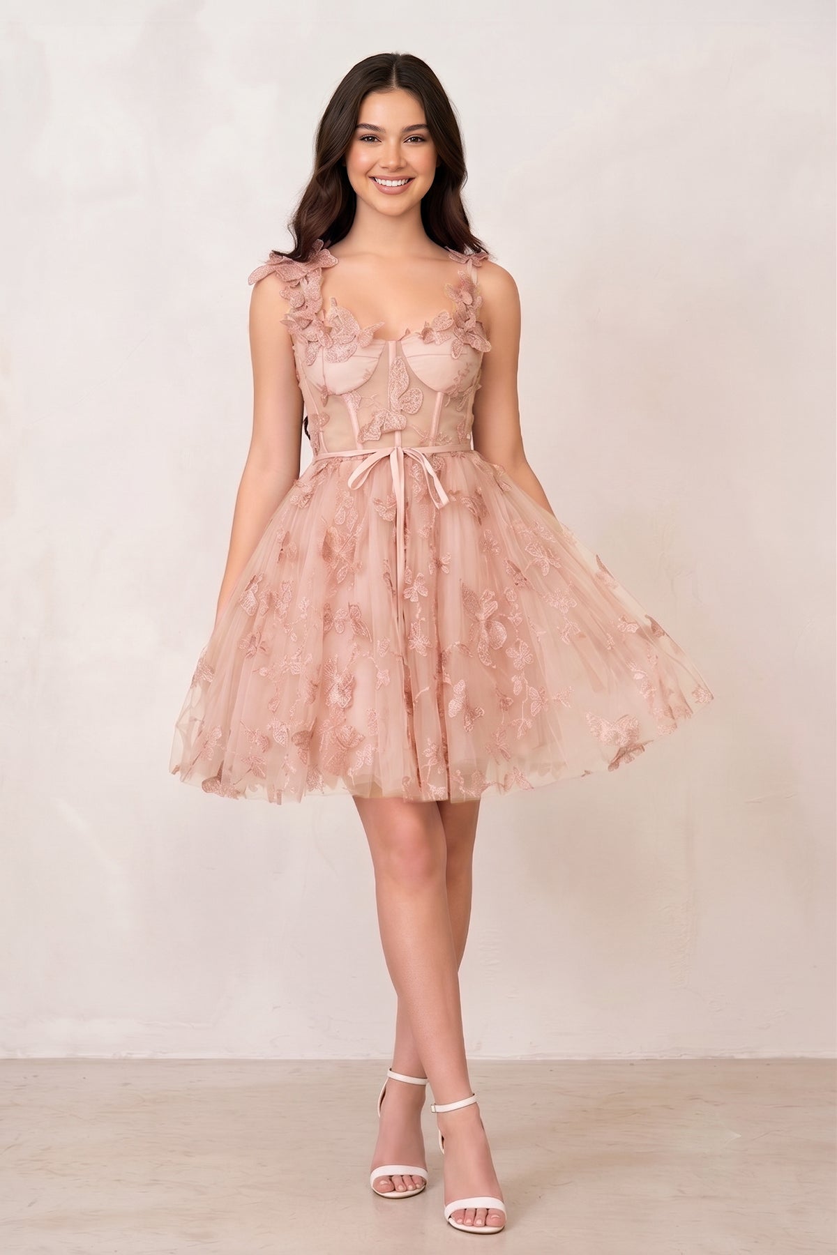 short prom dresses near me A-Line Dress with Glitter Tulle A soft plunge at the front pairs with slender straps that leave the arms free LaDivine CD0189 Sequin Beaded Lace