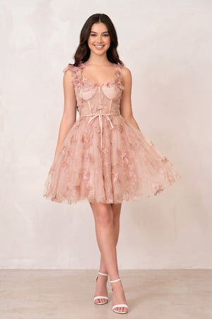 Pink Aline Short Tulle Prom Dress with 3D Butterflies - KISSPROM