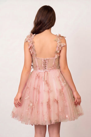 Pink Aline Short Tulle Prom Dress with 3D Butterflies - KISSPROM