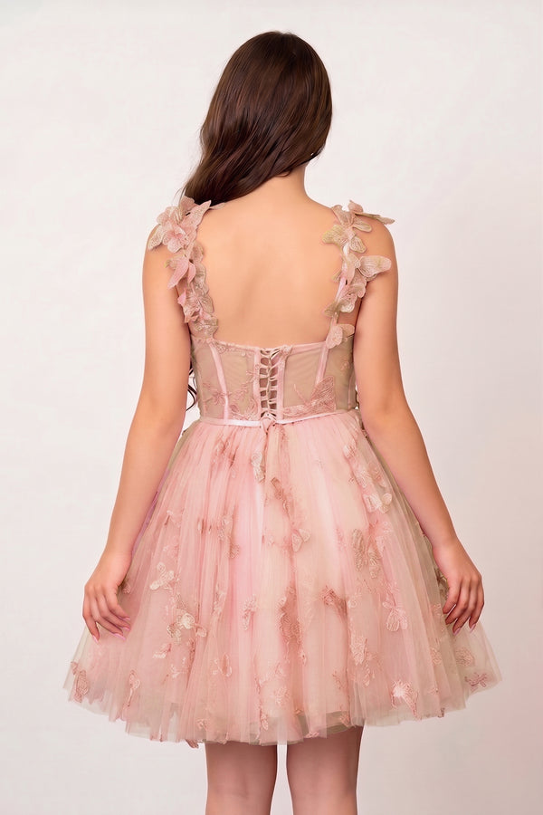 Pink Aline Short Tulle Prom Dress with 3D Butterflies - KISSPROM