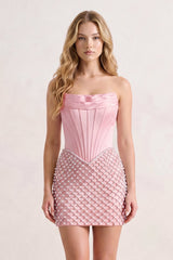 Pink Corset Strapless Sheath Satin Mini Party Dress With Pearl | KISSPROM