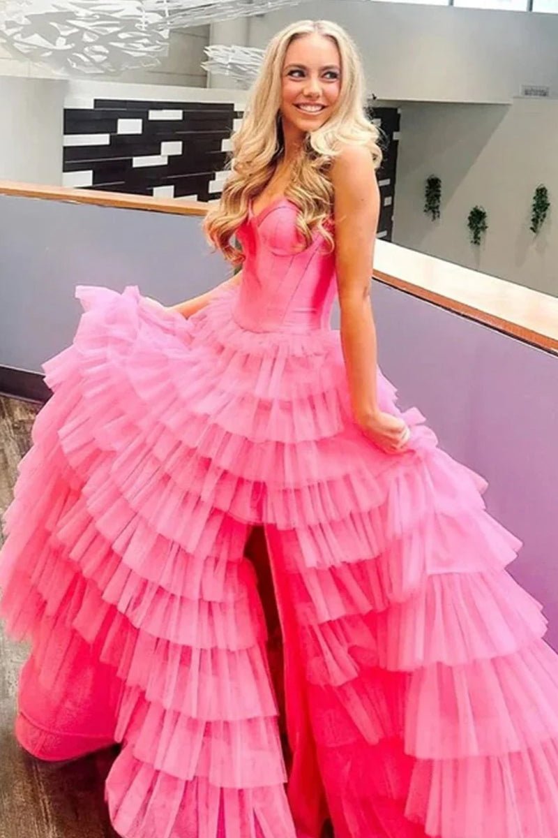 KissProm-Harmony Pink A-Line Sweetheart Tiered Tulle Prom Dress with Slit