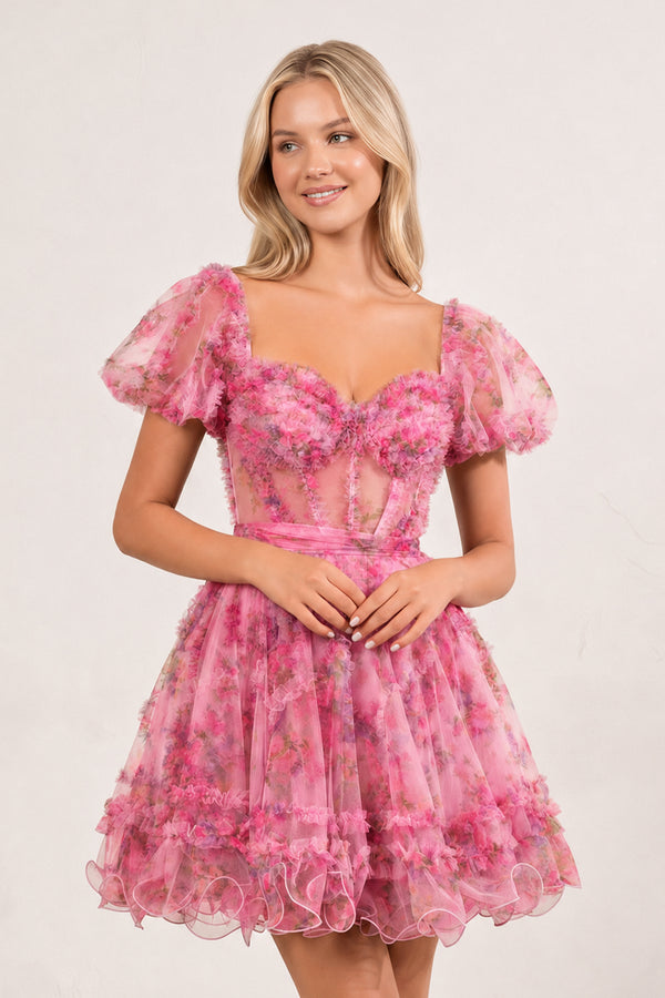 Ivana | Pink A Line Off the Shoulder Printed Homecoming Dress