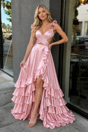 Pink Cutout Ruffle A-Line Long Prom Dress with Slit - KissProm 