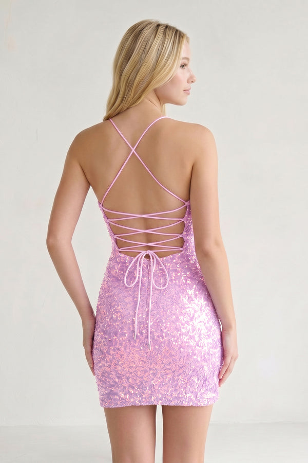 Pink Glitter Pink Sequin Spaghetti Straps Lace Up Tight Mini Party Dresses-KISSPROM