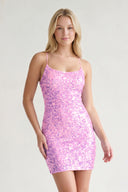 Pink Glitter Pink Sequin Spaghetti Straps Lace Up Tight Mini Party Dresses-KISSPROM