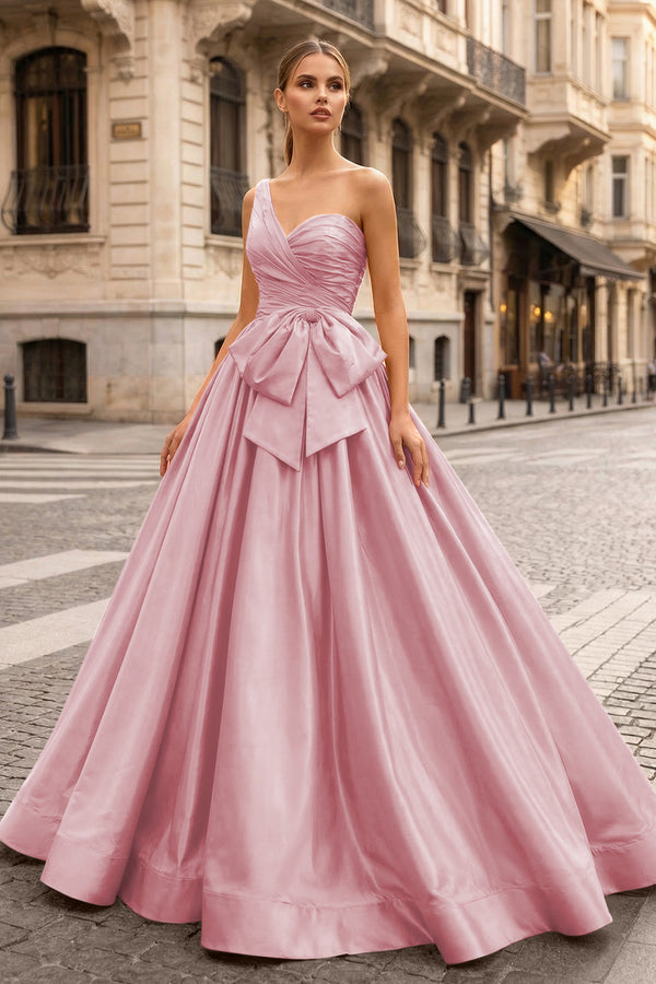 KissProm-Pink One Shoulder Satin A Line Prom Dress With Bow