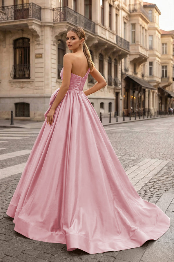 KissProm-Pink One Shoulder Satin A Line Prom Dress With Bow