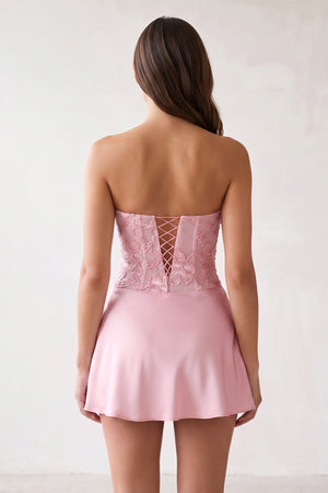 Pink Embroidered A-Line Strapless Satin Homecoming Dress (2) | KISSPROM
