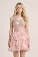 Pink A Line One Shoulder Navy Tiered Lace Short Homecoming Dress - KISSPROM