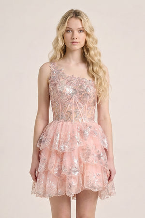 Pink A Line One Shoulder Navy Tiered Lace Short Homecoming Dress - KISSPROM
