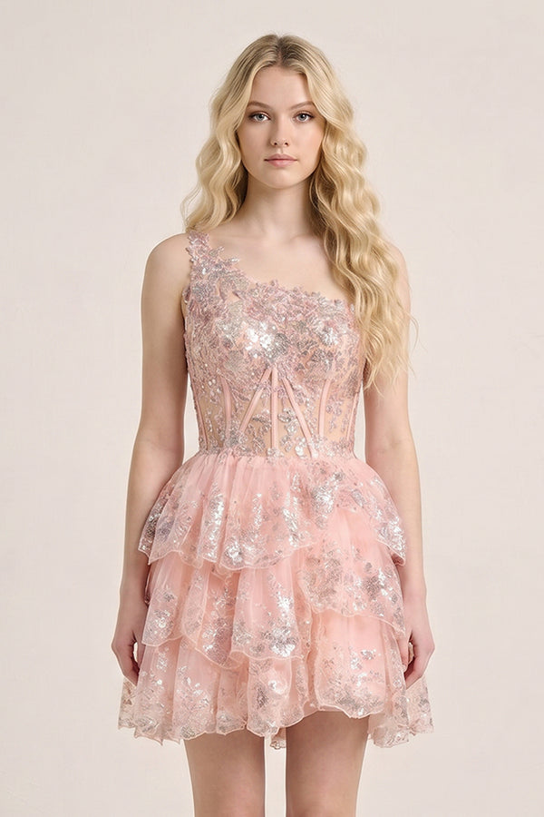 Pink A Line One Shoulder Navy Tiered Lace Short Homecoming Dress - KISSPROM
