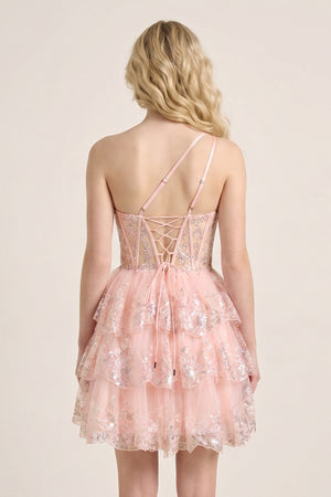 Pink A Line One Shoulder Navy Tiered Lace Short Homecoming Dress - KISSPROM