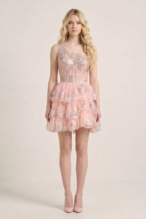 Pink A Line One Shoulder Navy Tiered Lace Short Homecoming Dress - KISSPROM