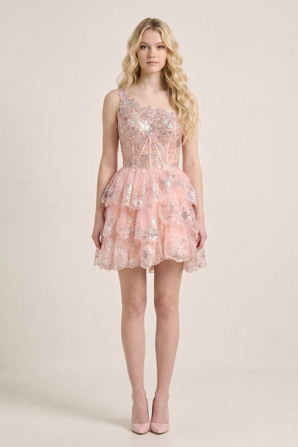 Pink A Line One Shoulder Navy Tiered Lace Short Homecoming Dress - KISSPROM