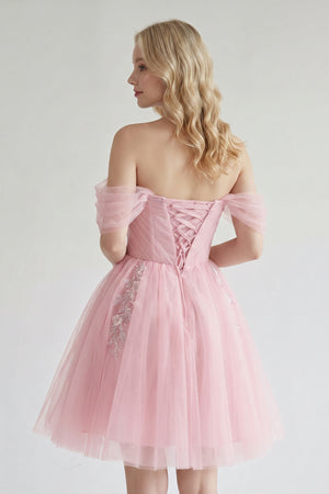 Pink Fairy-tale Tulle Beaded Off-the-Shoulder Lace-Up Back A-Line Party Dress | KISSPROM