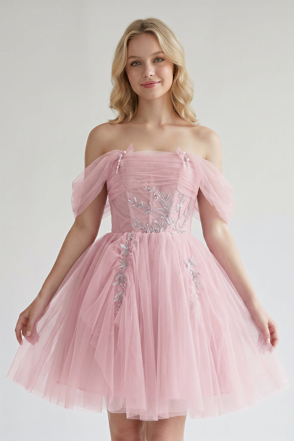 Pink Fairy-tale Tulle Beaded Off-the-Shoulder Lace-Up Back A-Line Party Dress | KISSPROM