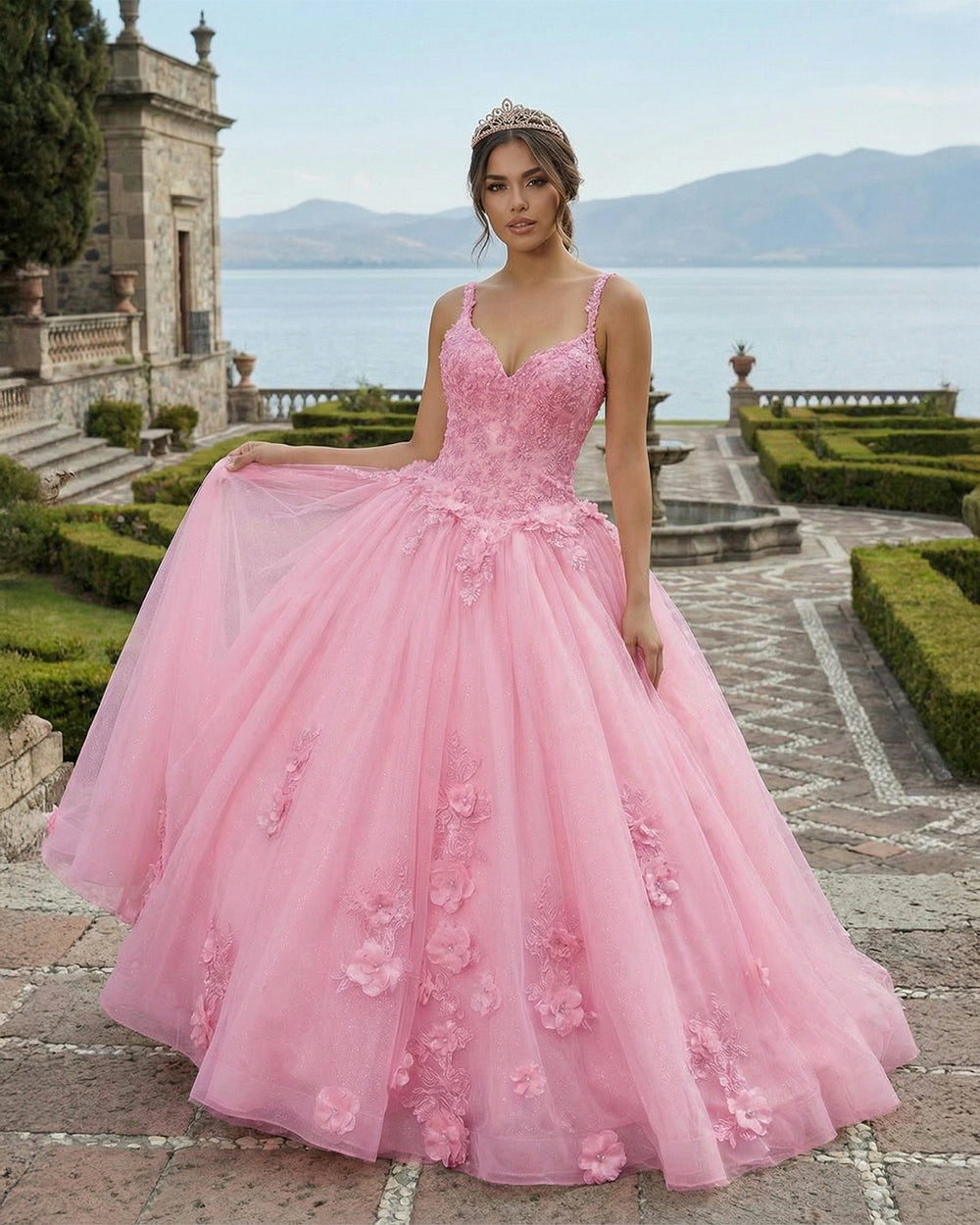 KissProm- Pink Tulle Floral Appliques Sweetheart Lace-Up Quinceanera Dress