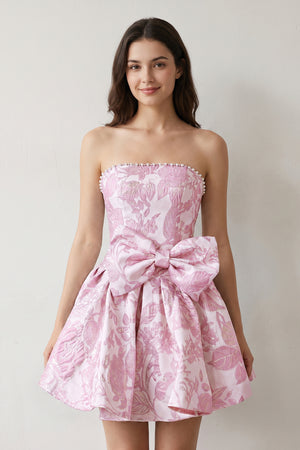 Pink Flower Jacquard Strapless A-Line Bowknot Homecoming Dress With Pearl (3) | KISSPROM