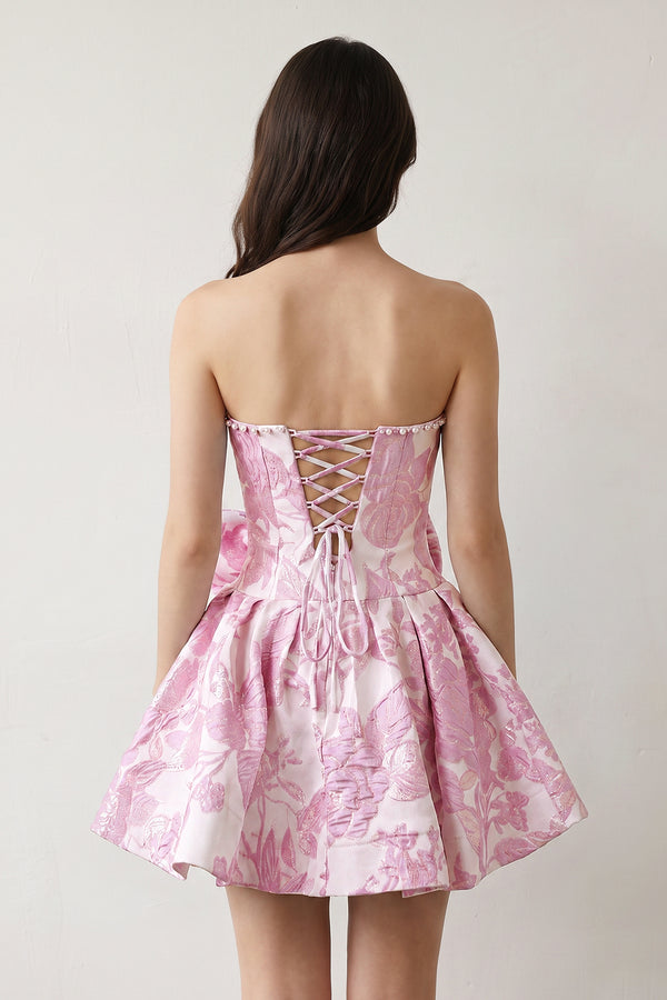 Pink Flower Jacquard Strapless A-Line Bowknot Homecoming Dress With Pearl (4) | KISSPROM