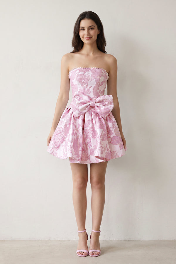 Pink Flower Jacquard Strapless A-Line Bowknot Homecoming Dress With Pearl (5) | KISSPROM