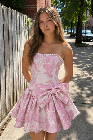 Pink Flower Jacquard Strapless A-Line Bowknot Homecoming Dress With Pearl - KISSPROM