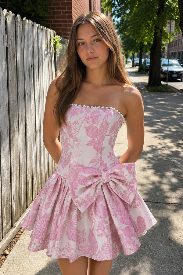 Pink Flower Jacquard Strapless A-Line Bowknot Homecoming Dress With Pearl - KISSPROM