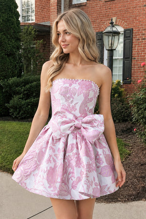 Pink Flower Jacquard Strapless A-Line Bowknot Homecoming Dress With Pearl | KISSPROM