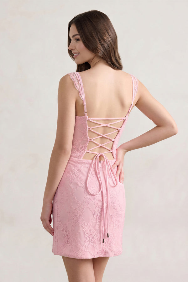 Pink - Scoop Neck Sheath Lace Short Homecoming Dress With Slit